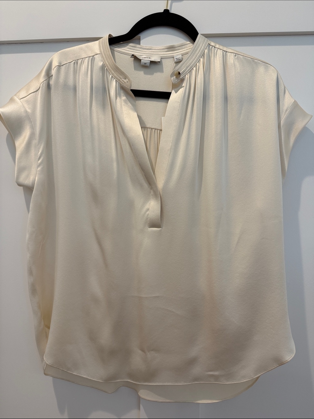 Vince Cream Split-Neck Short Sleeve Blouse